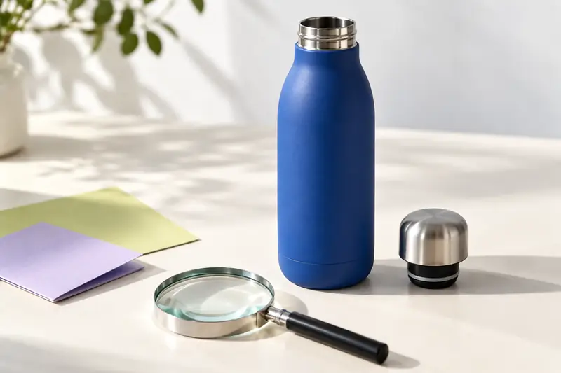 Blaue Flasche mit abgenommenem Deckel, Lupe und Farbmuster auf einem hellen Tisch