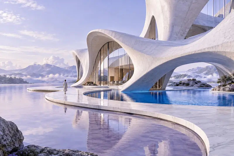 Futuristischer weißer Pavillon mit Spiegelung im Wasser zwischen nebligen Bergen