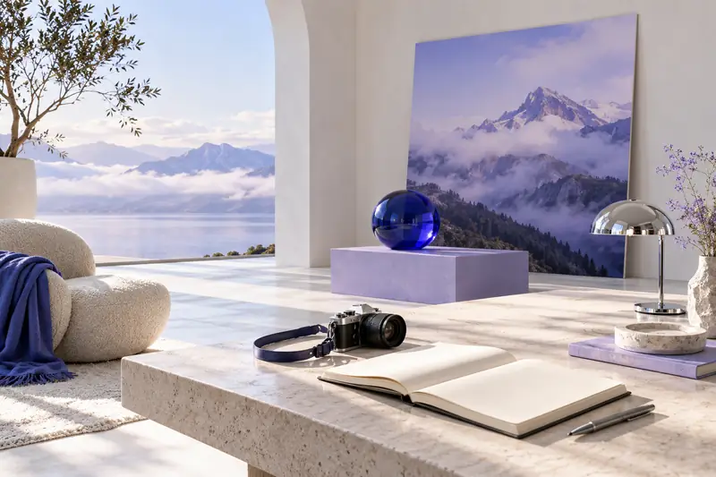 Helles Kreativstudio mit kobaltblauer Glaskugel und Landschaftsbild an der Wand
